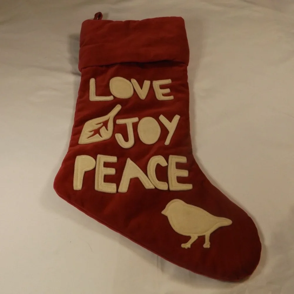 Pottery Barn Christmas Stocking Red Love Joy Peace Bird Holiday Farmhouse Decor